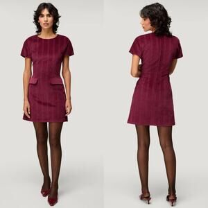 Rouje Paris Auxane Velour Corduroy Short Mini Dress in Cerise Burgundy